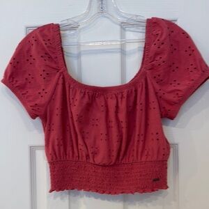 Hollister Pink Short Sleeve Smocked Crop Top Small